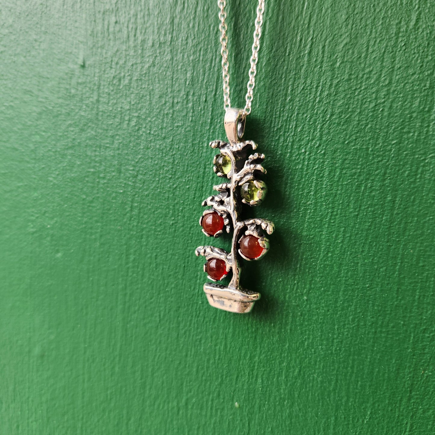 Tomato Plant Necklace Sterling Silver with Peridot and Carnelian