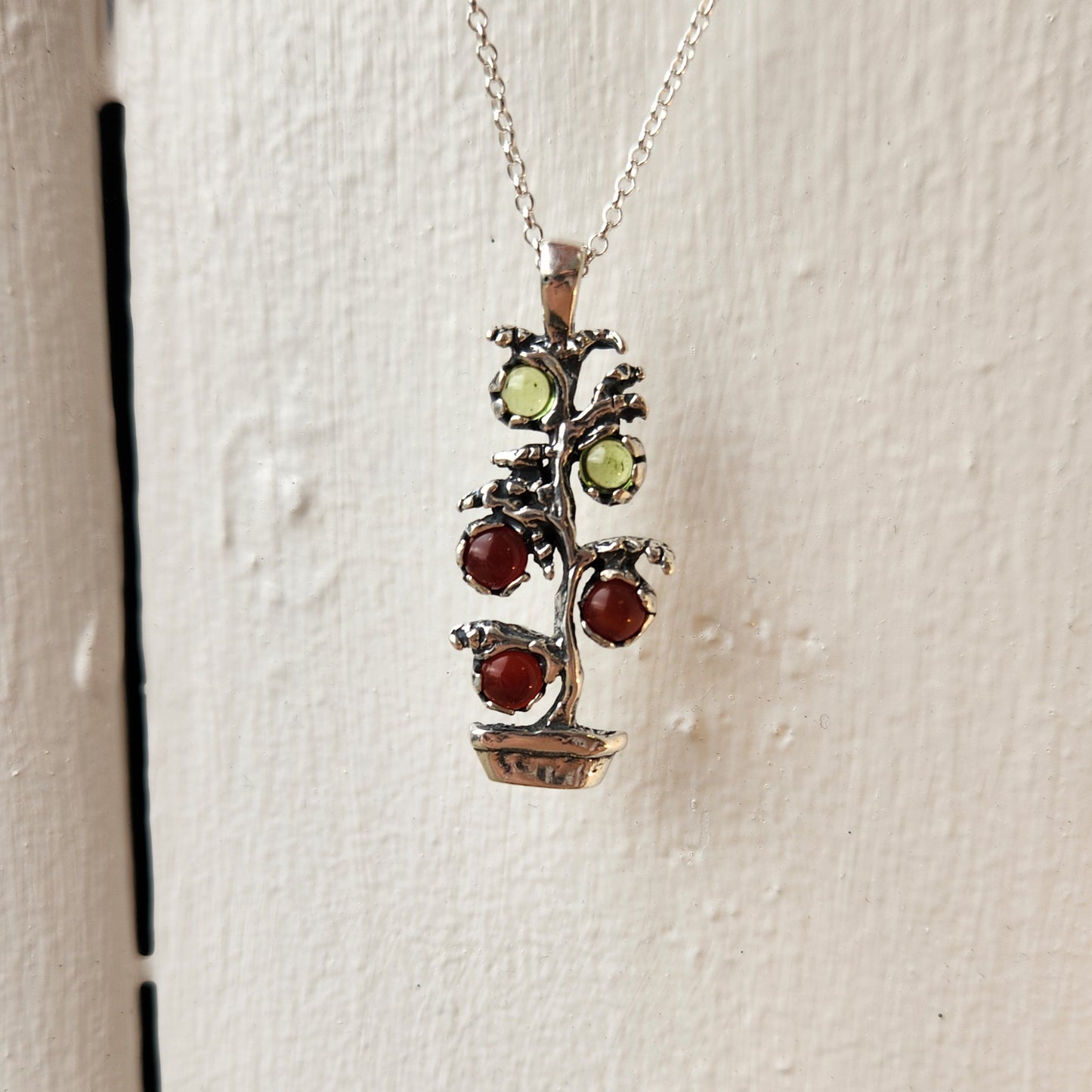 Tomato Plant Necklace Sterling Silver with Peridot and Carnelian