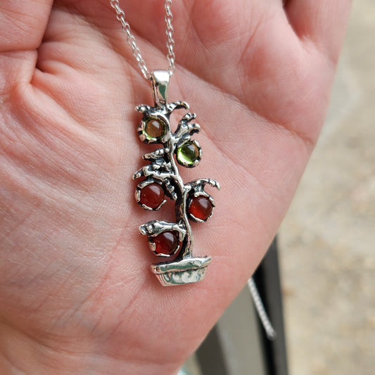 Tomato Plant Necklace Sterling Silver with Peridot and Carnelian