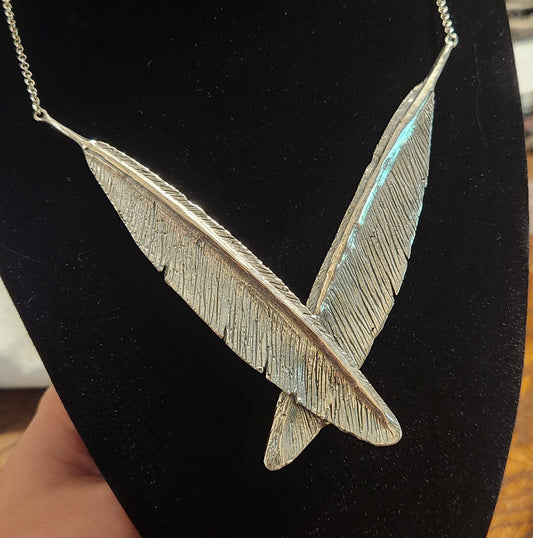 Crossed Feather Necklace in Sterling Silver