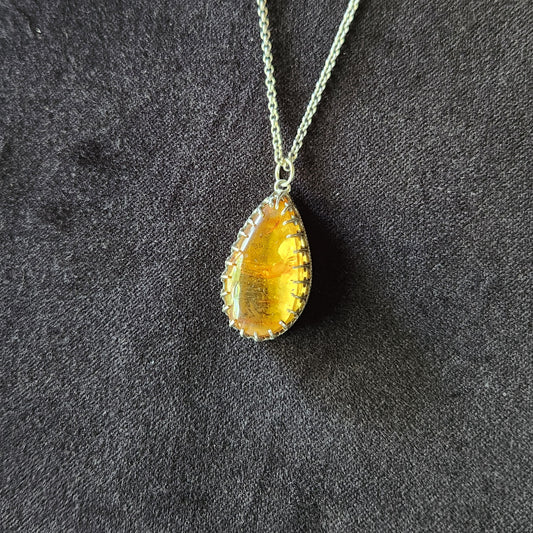 Large Amber Necklace in Sterling Silver with Clawed Bezel