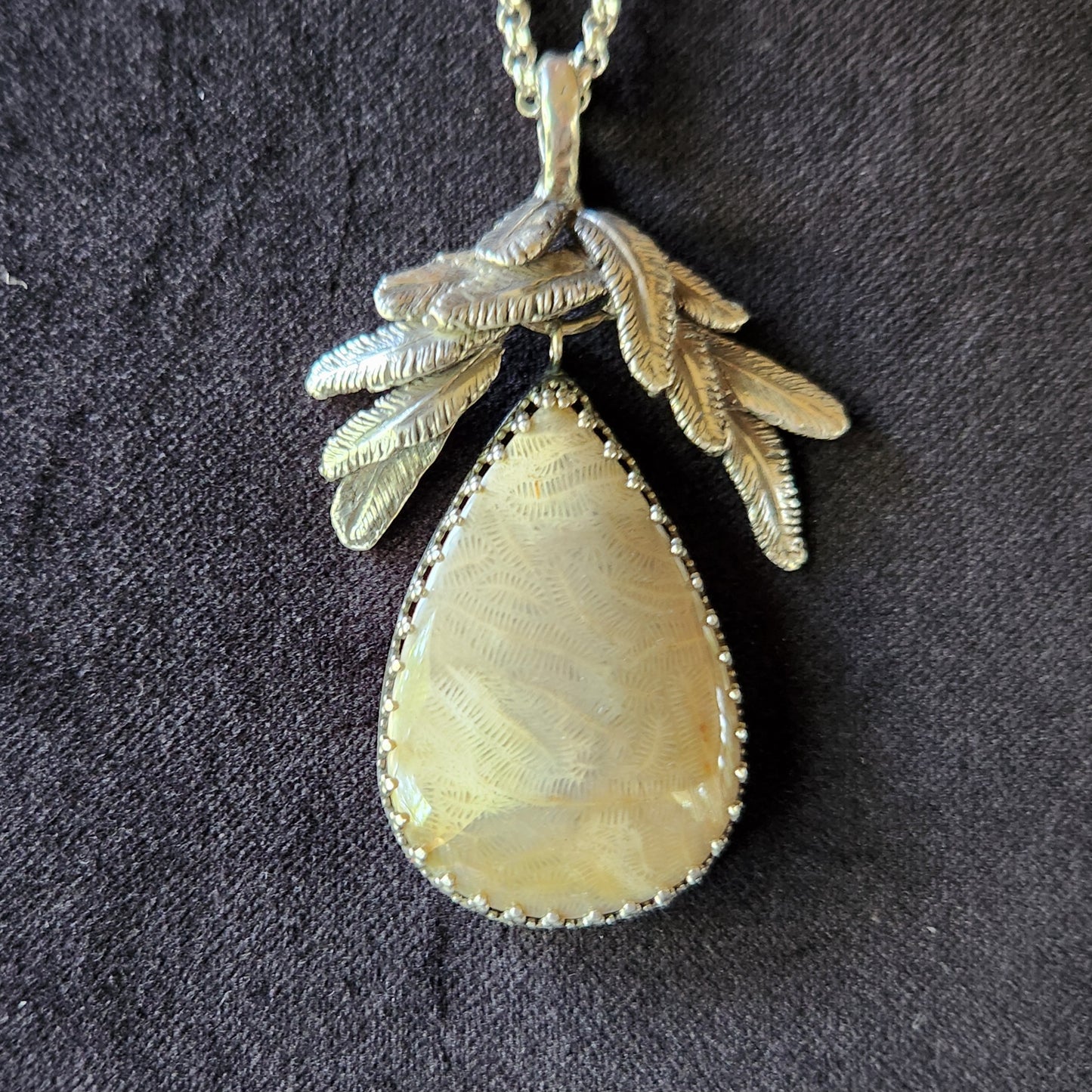 Feathered Fossilized Coral Sterling Silver Necklace