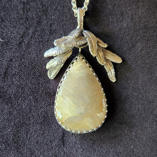 Feathered Fossilized Coral Sterling Silver Necklace