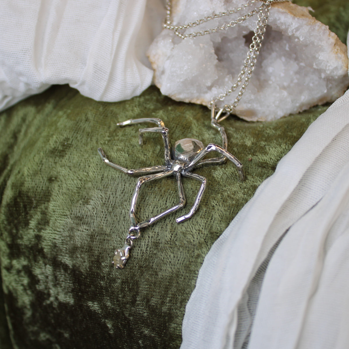 Spider Showpiece with Salt and Pepper Diamond Necklace One of a Kind Sterling Silver